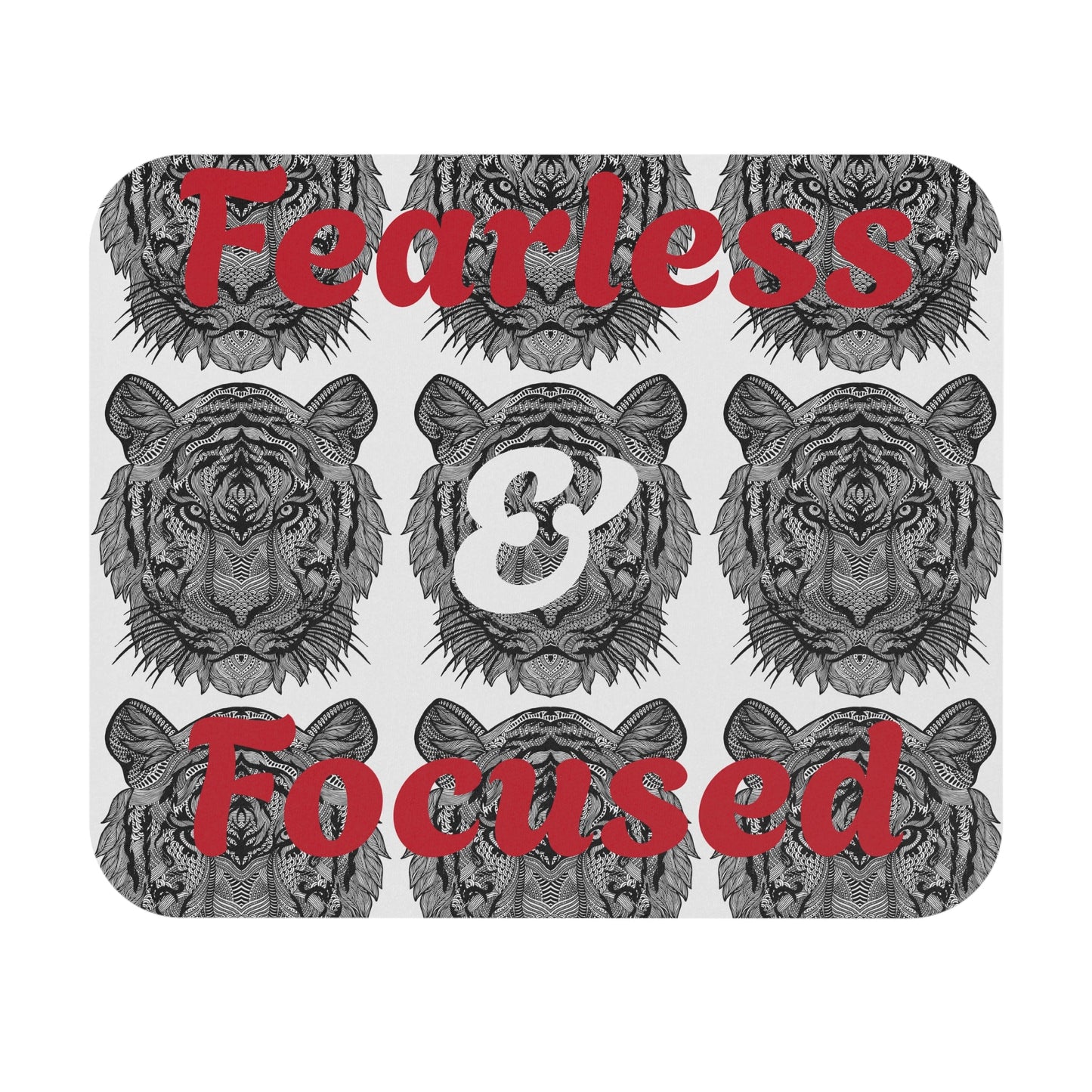 Fearless & Focused tiger mouse pad with bold tiger faces and motivational text for office decor and productivity