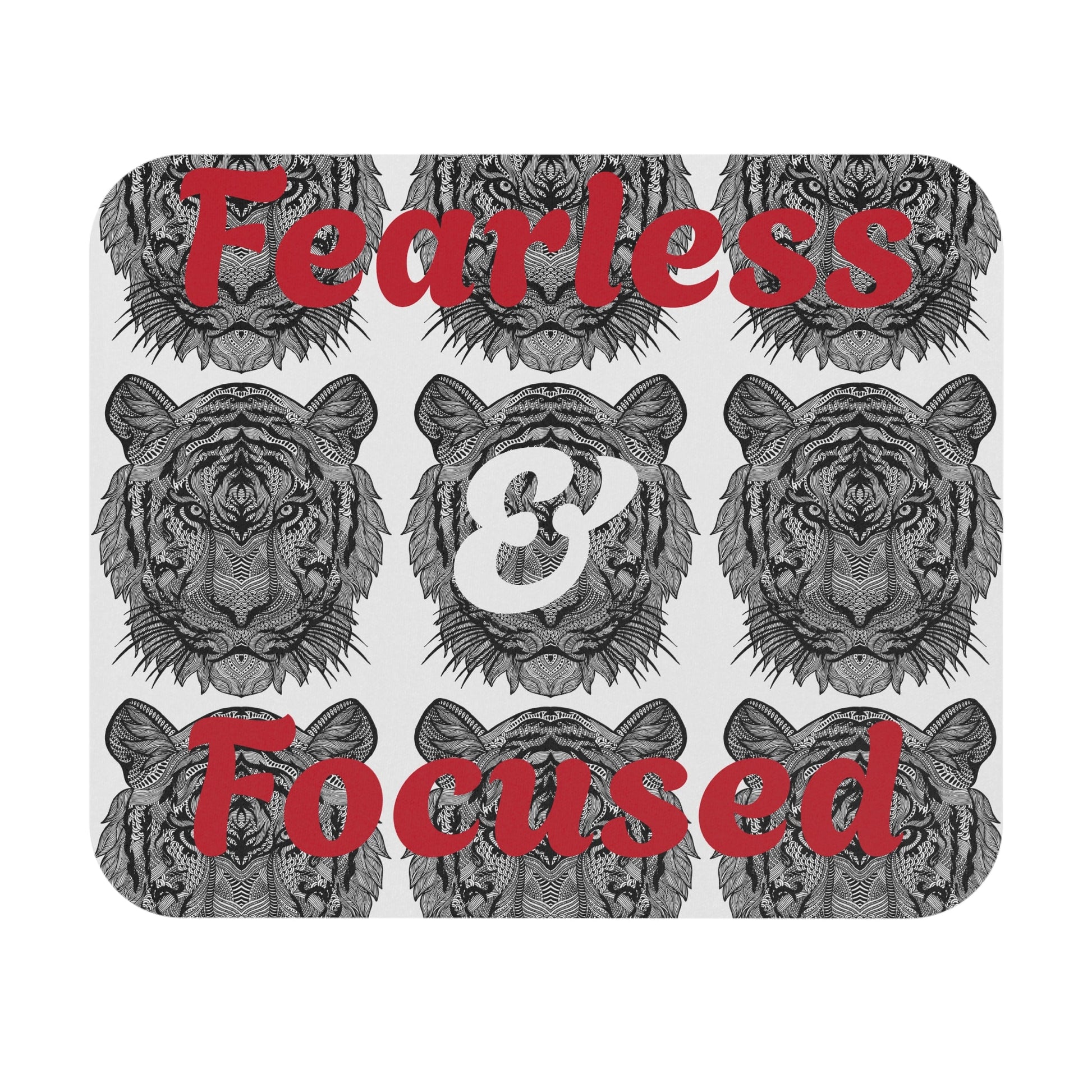 Fearless & Focused tiger mouse pad with bold tiger faces and motivational text for office decor and productivity