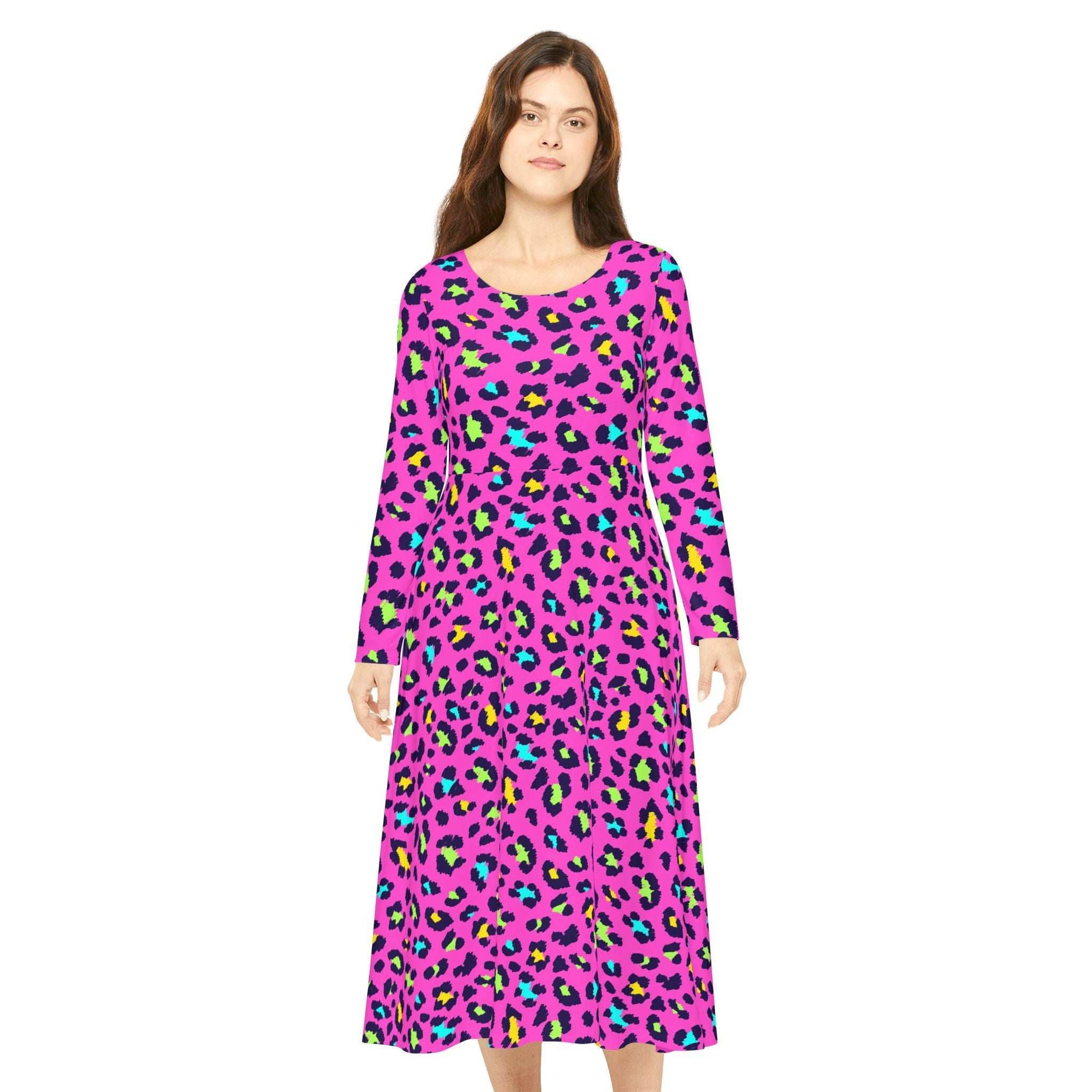 Women's long sleeve dance dress with colorful leopard print, scoop neckline, and comfortable polyester fabric