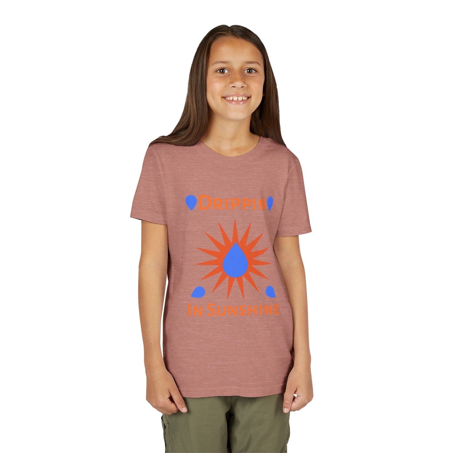 youth short sleeve tee with sun and water drop graphic worn by smiling child