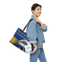 Coffee Lover's Weekender Tote Bag with coffee-themed print, durable black cotton handles, and wrinkle-resistant polyester material carried by smiling man in denim jacket