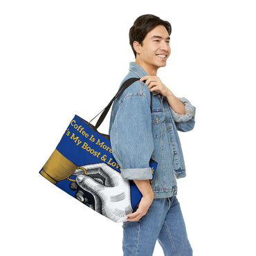 Coffee Lover's Weekender Tote Bag with coffee-themed print, durable black cotton handles, and wrinkle-resistant polyester material carried by smiling man in denim jacket