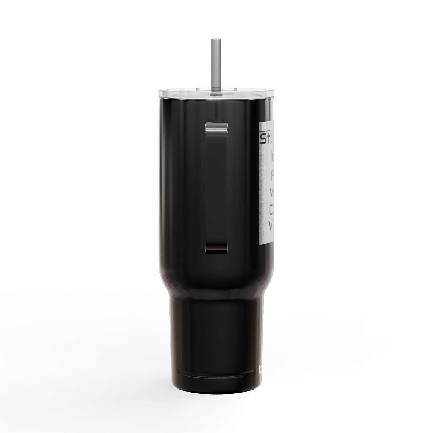 Black Cozy Vibes Insulated Tumbler with handle, spill-resistant lid, and straw, 40oz travel mug made from recycled materials