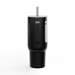 Black Cozy Vibes Insulated Tumbler with handle, spill-resistant lid, and straw, 40oz travel mug made from recycled materials