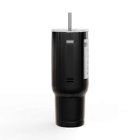 Black Cozy Vibes Insulated Tumbler with handle, spill-resistant lid, and straw, 40oz travel mug made from recycled materials