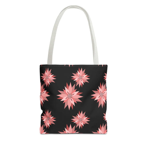 Colorful AOP Tote Bag with pink floral design on black background and white handles
