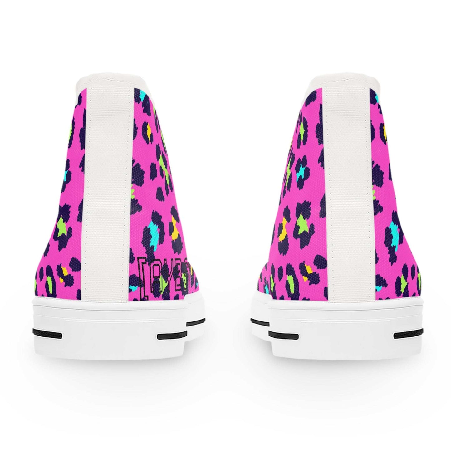 Trendy leopard print women's high top sneakers in vibrant pink with white accents and durable sole