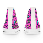 Trendy leopard print women's high top sneakers in vibrant pink with white accents and durable sole
