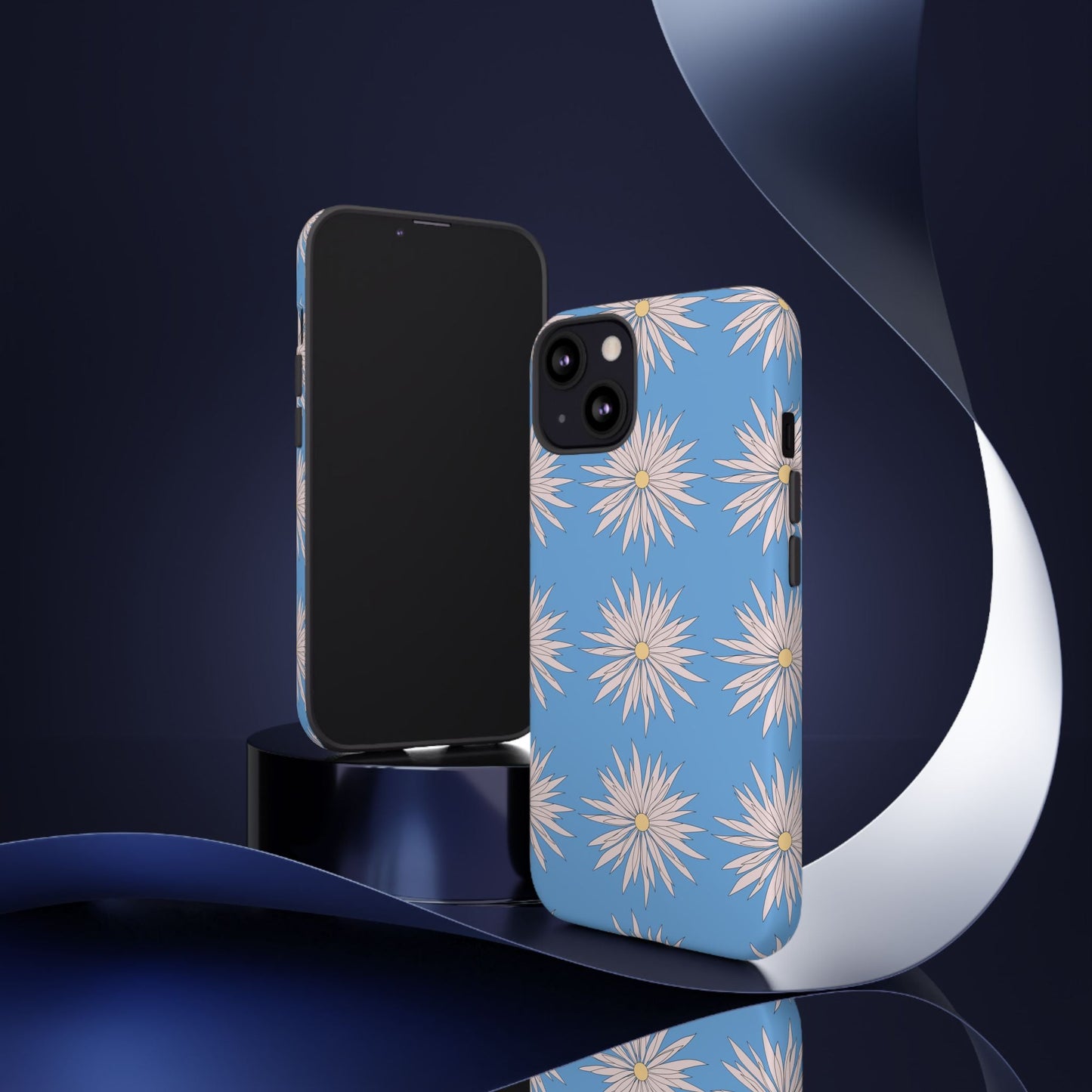 Blue daisy pattern phone case with white flowers, durable and stylish floral phone cover, tough protective accessory