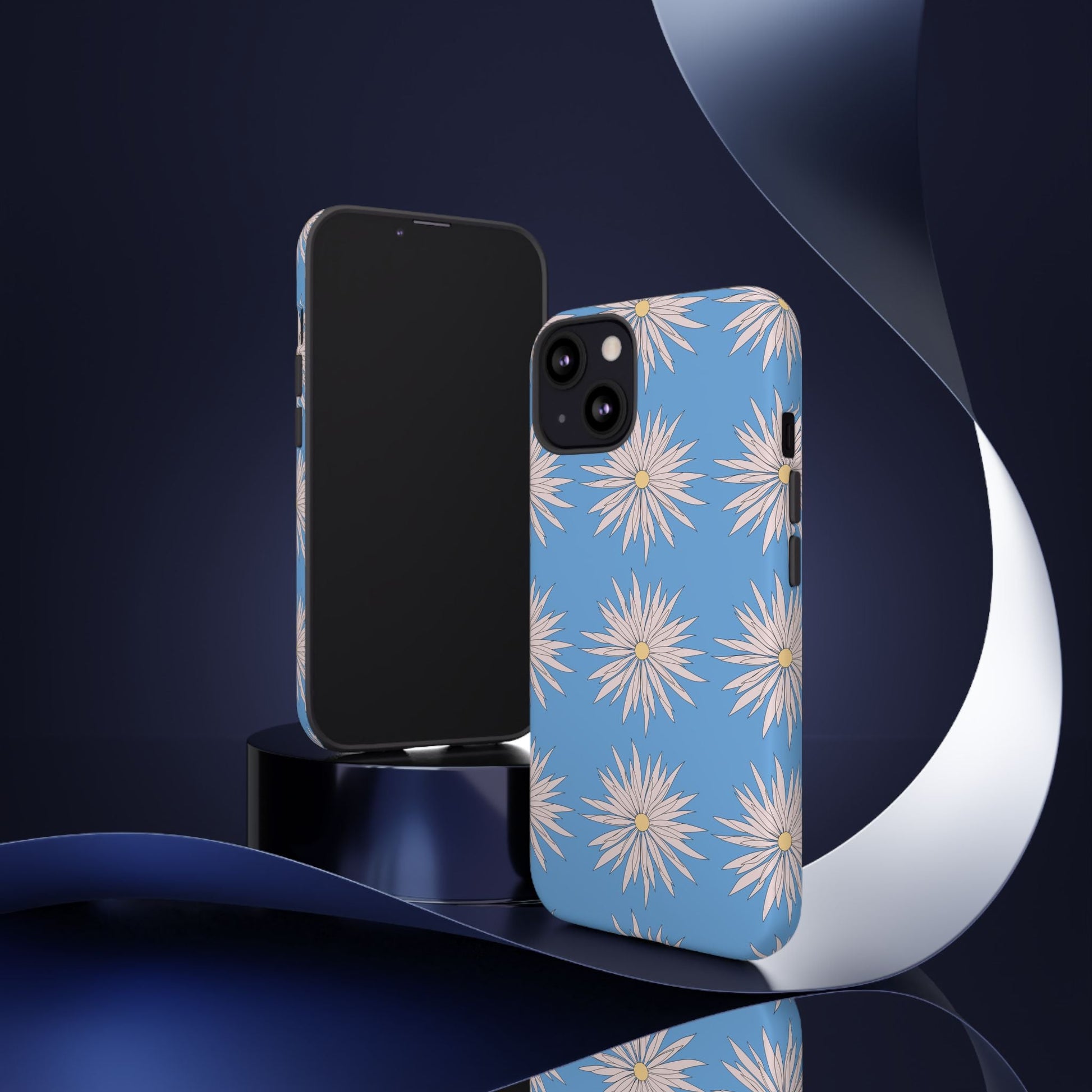 Blue daisy pattern phone case with white flowers, durable and stylish floral phone cover, tough protective accessory
