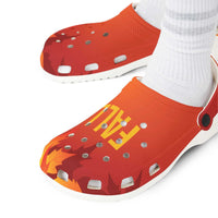 Fall-Themed EVA Foam Clogs in vibrant orange with leaf prints and "FALL" text, lightweight and comfortable for indoor and outdoor wear
