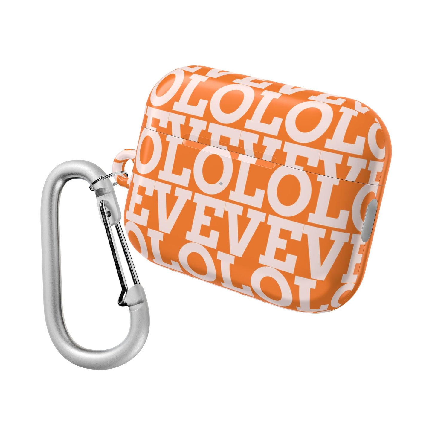 Orange AirPod case with white LOL text pattern and attached silver carabiner clip, slim polycarbonate protective cover