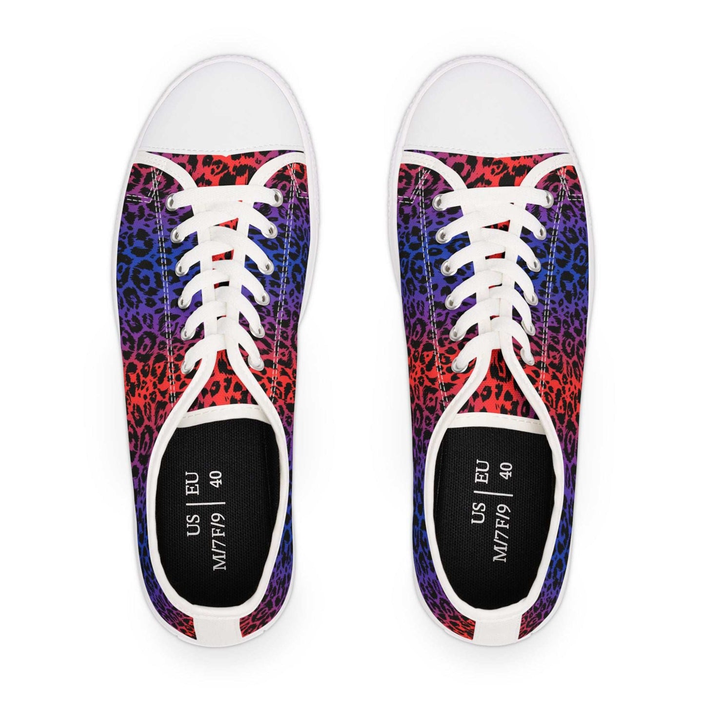 Top view of colorful leopard print women’s low top sneakers with white laces and soles