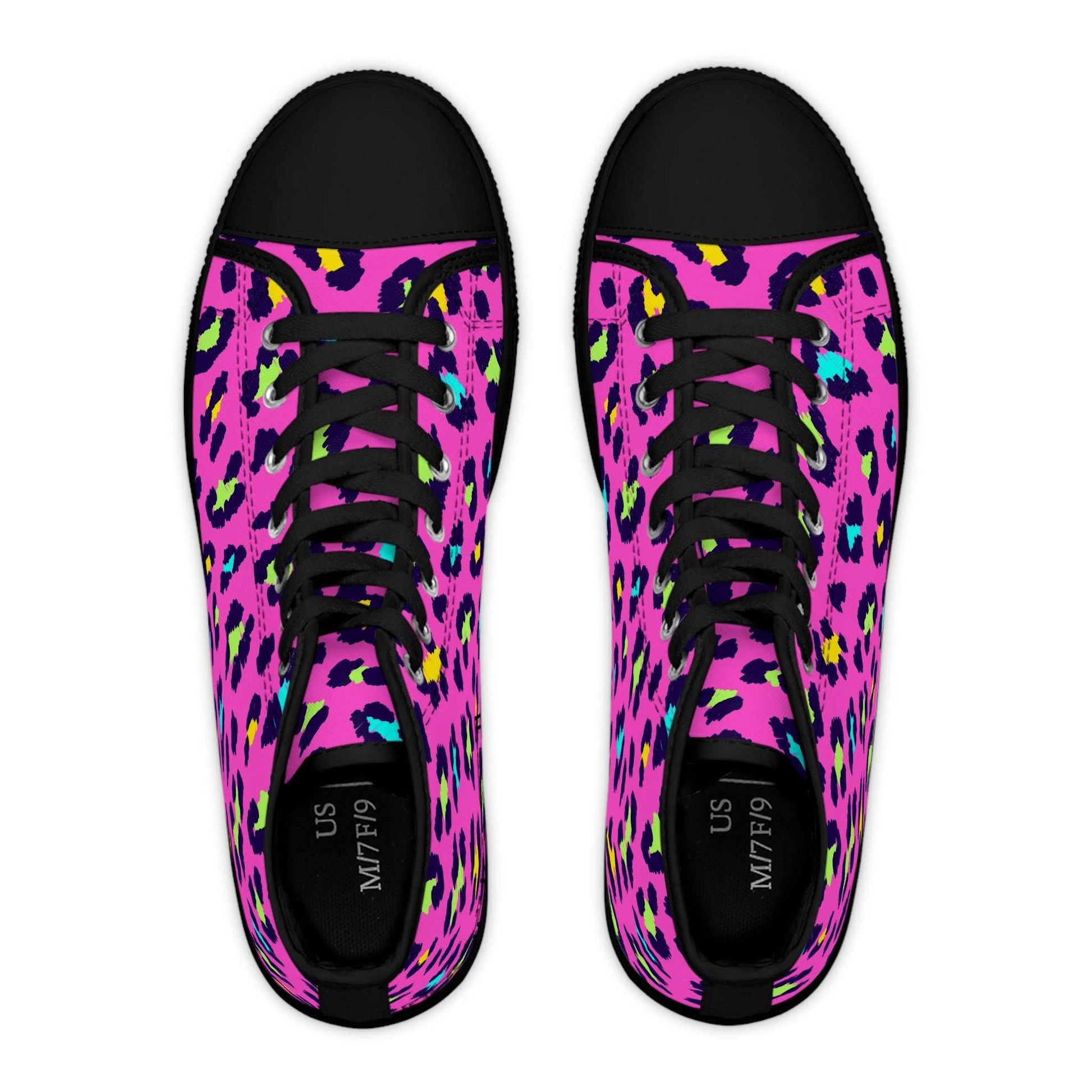 Trendy leopard print women's high top sneakers with colorful design and black toe caps