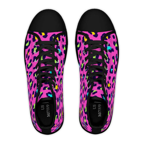 Trendy leopard print women's high top sneakers with colorful design and black toe caps