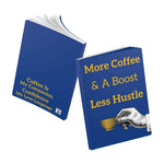 Coffee-themed softcover journal with motivational coffee quotes and blue cover design, ideal for note-taking and gifts for coffee lovers