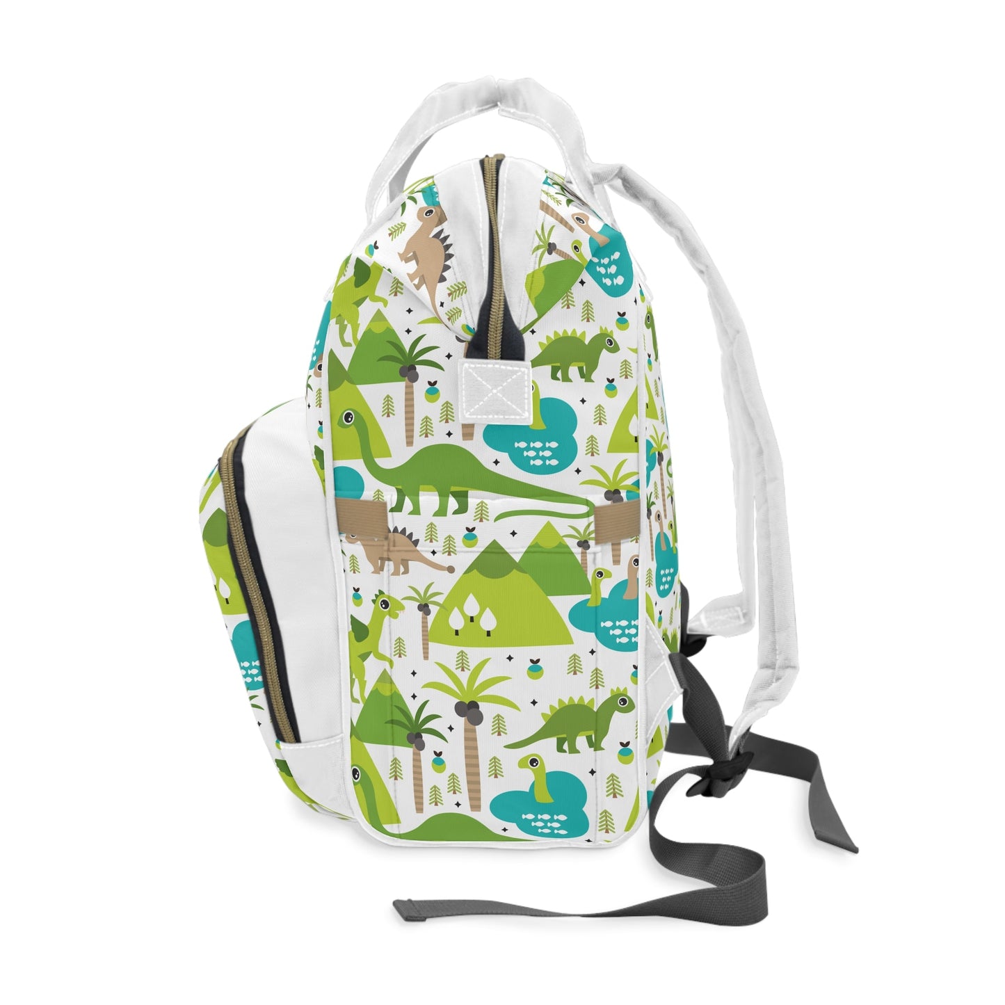 Dinosaur themed diaper backpack with colorful dinosaur patterns, multiple compartments, and adjustable straps for parents on the go