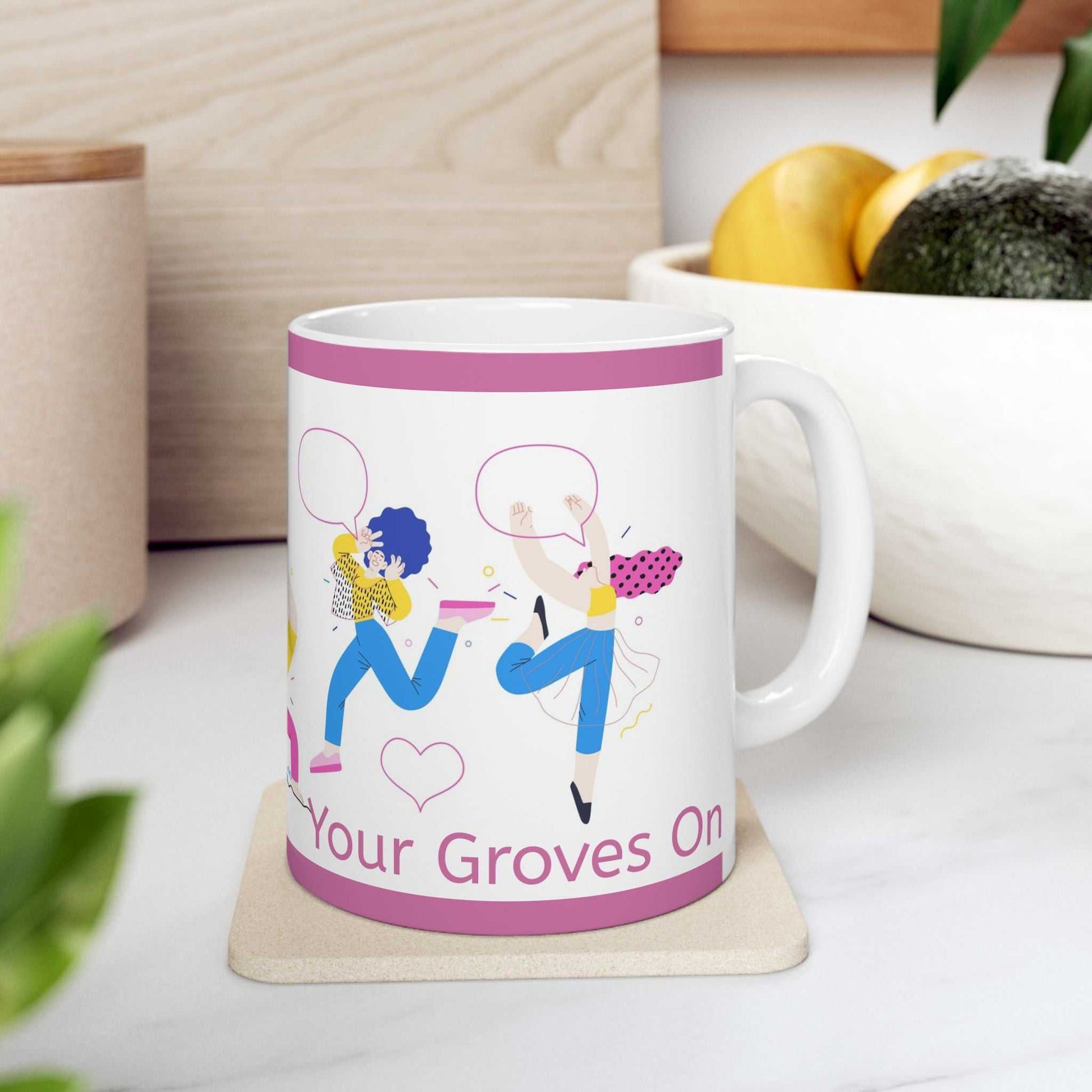 Get Your Groves On ceramic mug with vibrant colorful dancing design and glossy finish