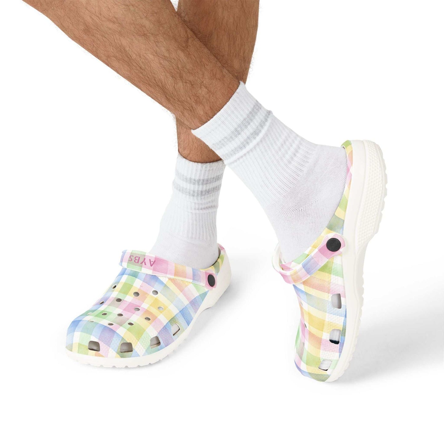 Colorful Plaid AOP EVA foam slip-on clogs with white sole worn with white socks