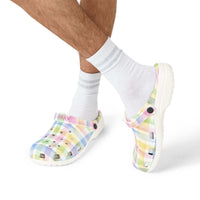 Colorful Plaid AOP EVA foam slip-on clogs with white sole worn with white socks