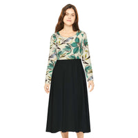 Women's long sleeve dance dress with floral top and black skirt, breathable polyester fabric, regular fit