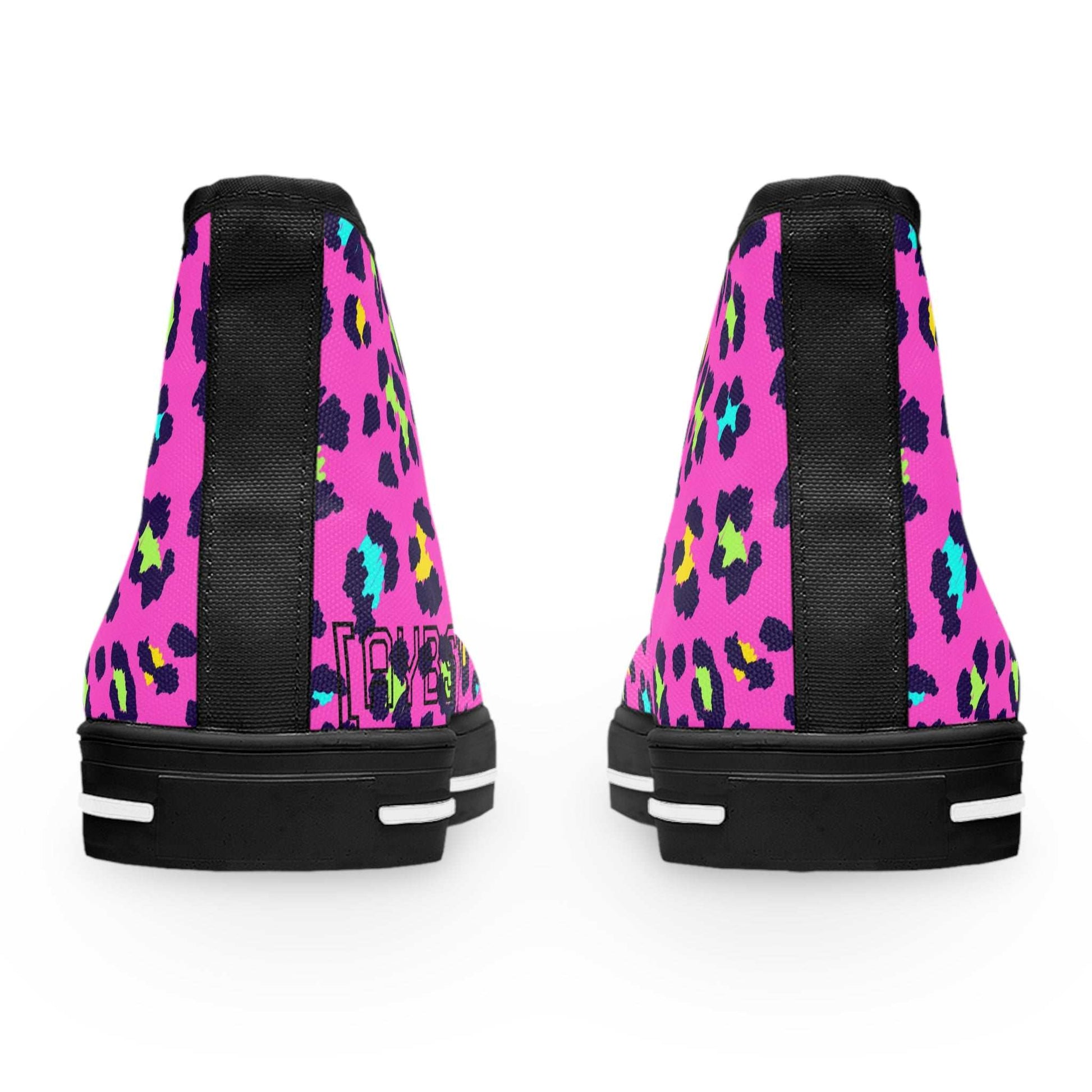 Back view of trendy leopard women's high top sneakers with vibrant pink and colorful leopard print design