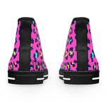 Back view of trendy leopard women's high top sneakers with vibrant pink and colorful leopard print design