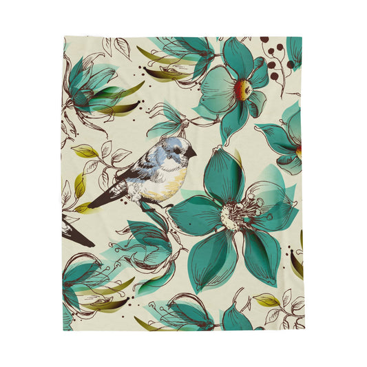 Patterned fabric with birds and flowers on a beige background