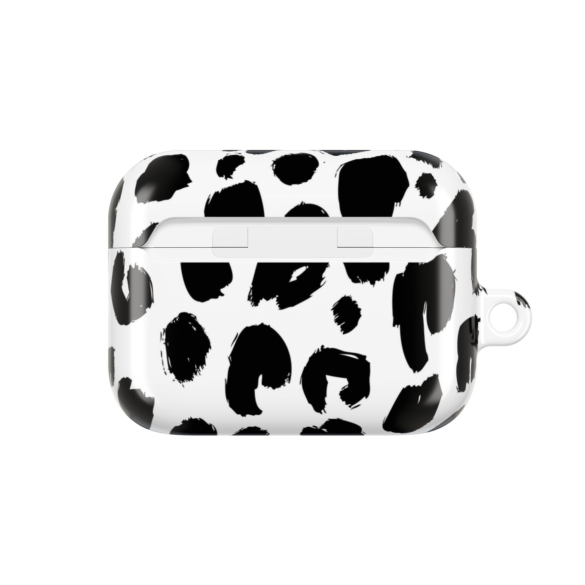 Slim black and white spotted polycarbonate AirPod case with carabiner and full-wrap design