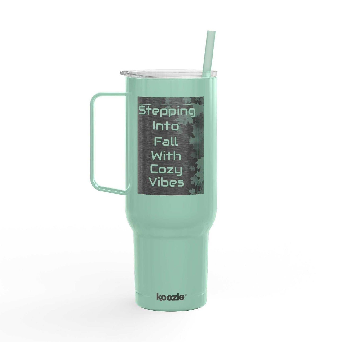 Cozy Vibes Insulated Tumbler 40oz mint green travel mug with handle and straw for hot and cold drinks