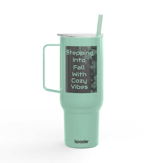 Cozy Vibes Insulated Tumbler 40oz mint green travel mug with handle and straw for hot and cold drinks