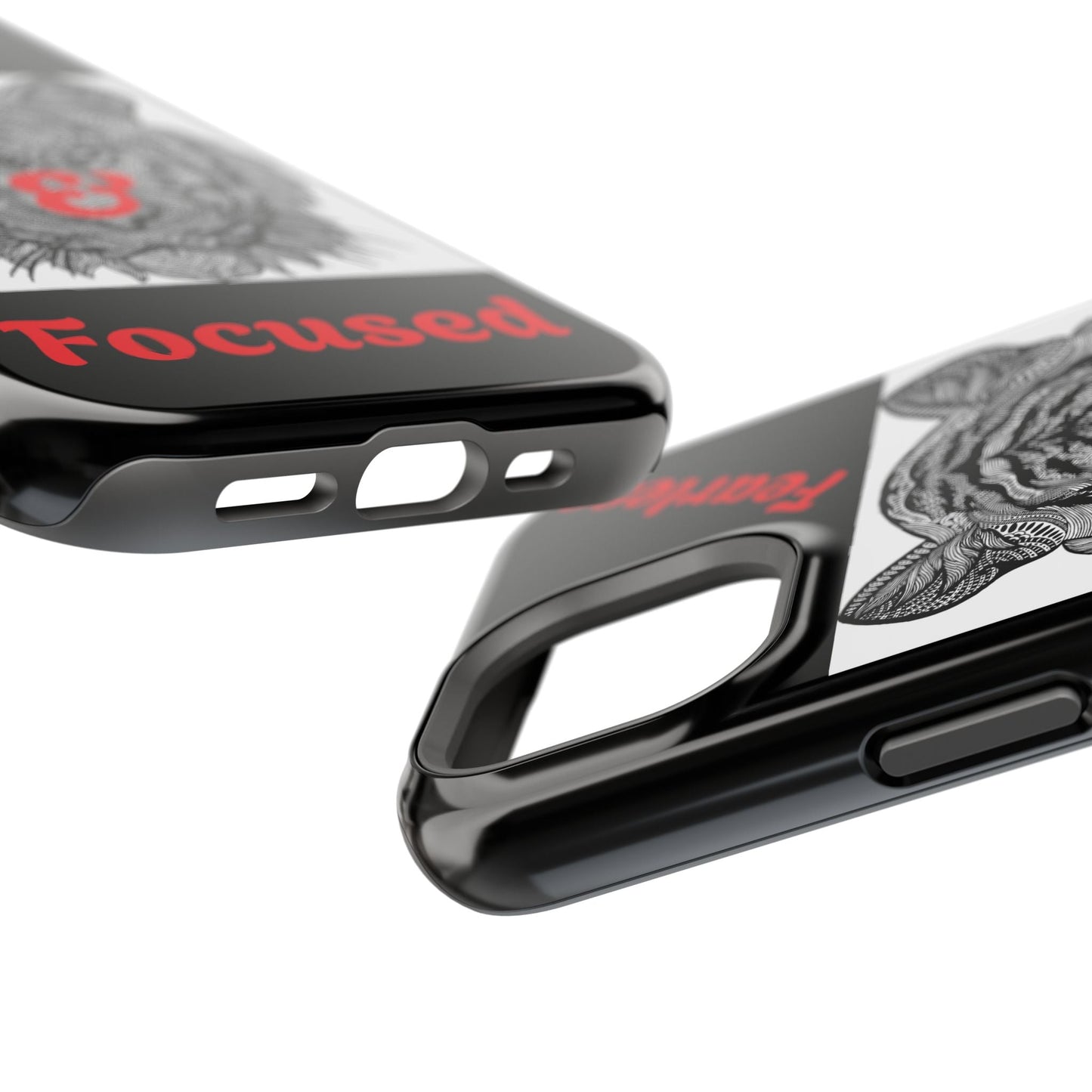 Close-up of black glossy tiger phone case with red text and detailed tiger design, showing impact-resistant protective edges and camera cutout.