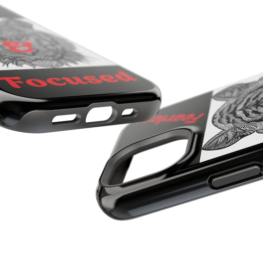 Close-up of black glossy tiger phone case with red text and detailed tiger design, showing impact-resistant protective edges and camera cutout.