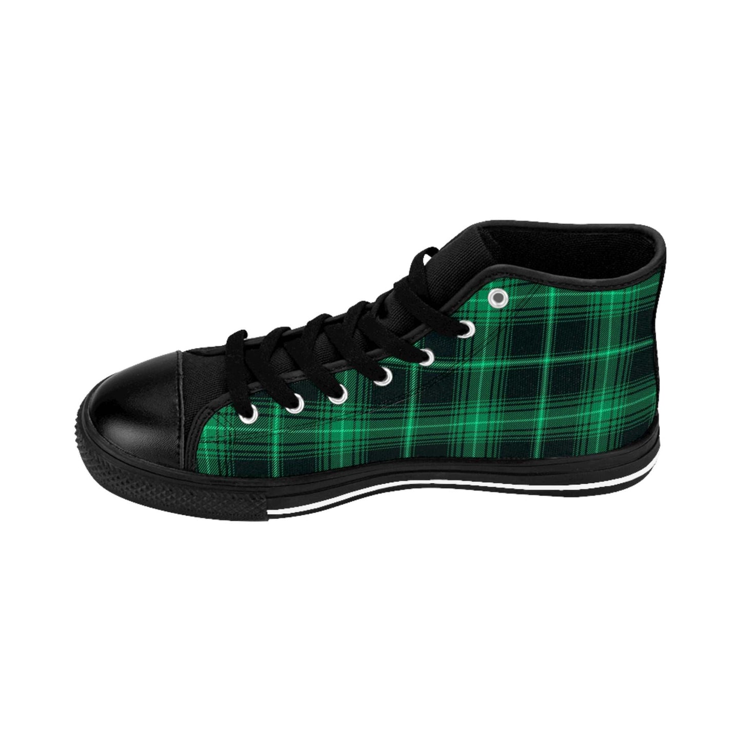 Green plaid sneakers for men with black toe cap and laces, high-top casual footwear