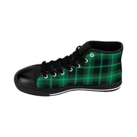 Green plaid sneakers for men with black toe cap and laces, high-top casual footwear