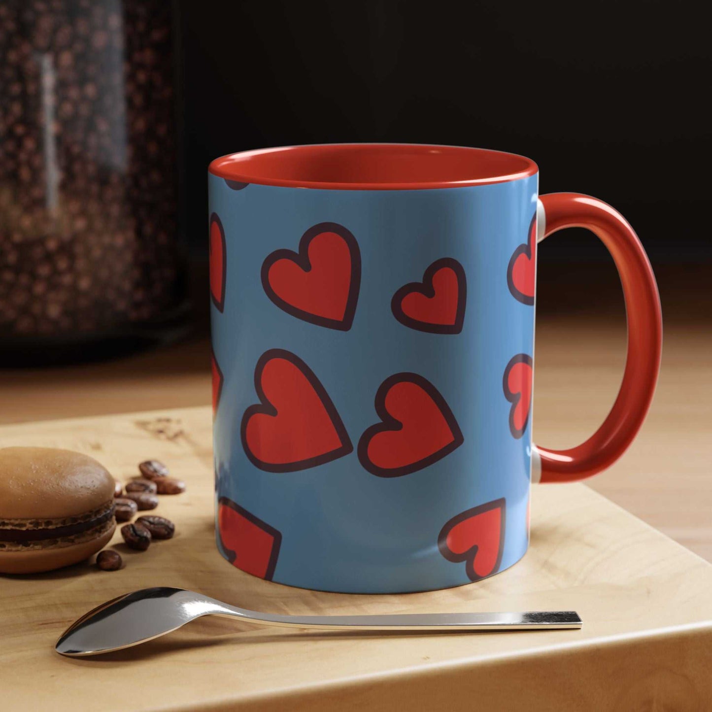 Vibrant Love Accent Coffee Mug with red hearts design on blue ceramic, red handle and interior.