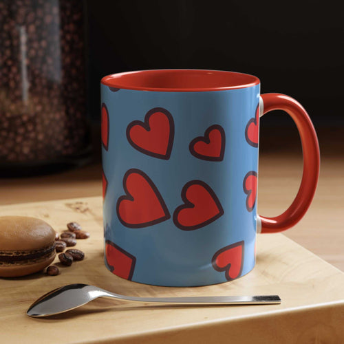Vibrant Love Accent Coffee Mug with red hearts design on blue ceramic, red handle and interior.