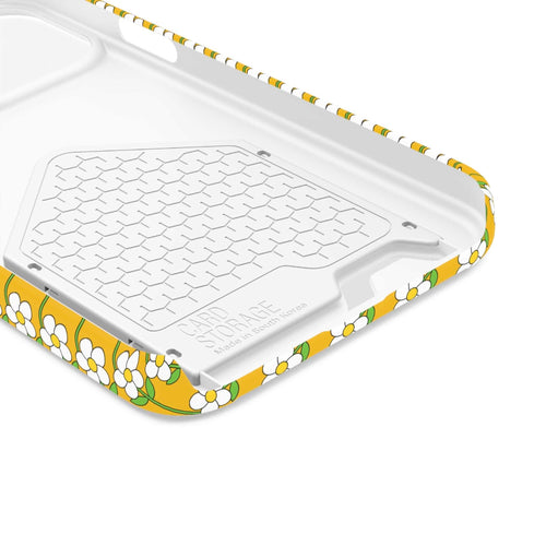 Floral phone case with cute white flowers on yellow background and built-in card holder slot
