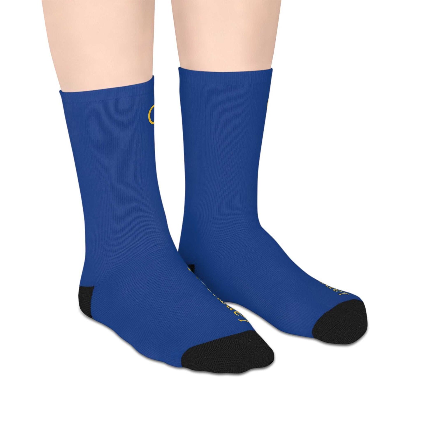 Language Love Mid-length Socks in blue with black heels and toes, lightweight polyester, cozy and stylish fun socks for coffee lovers