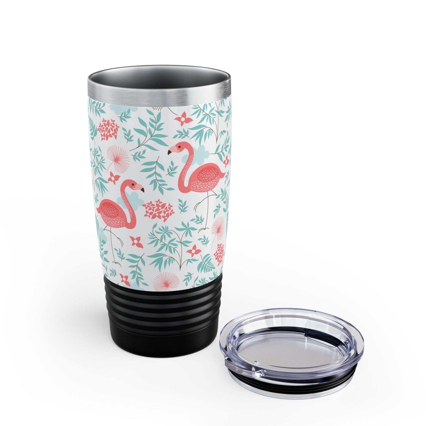 Colorful Landscape Tumbler 20oz with flamingo and floral design, ribbed bottom, and spill-resistant lid