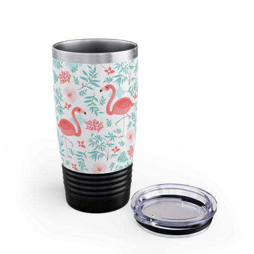 Colorful Landscape Tumbler 20oz with flamingo and floral design, ribbed bottom, and spill-resistant lid