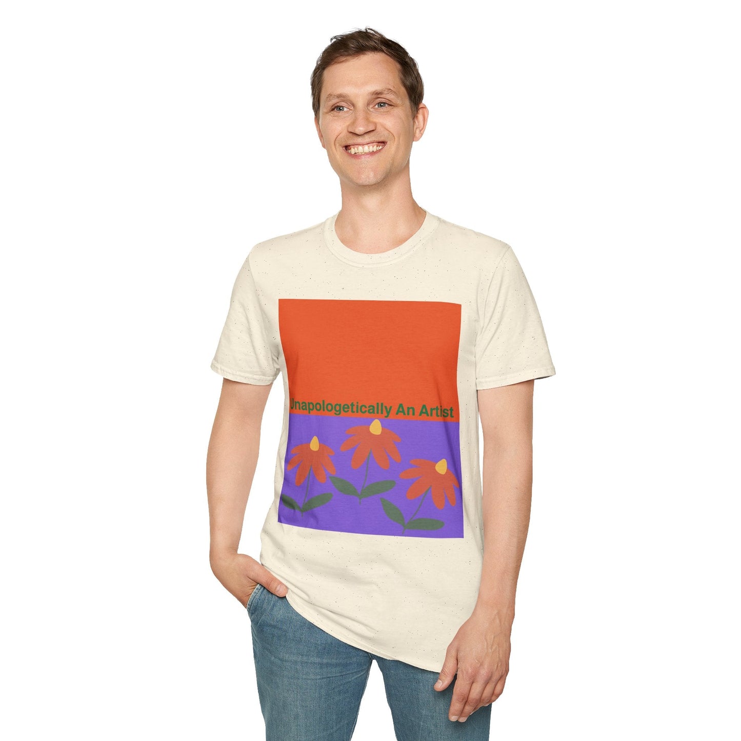 Unapologetically An Artist T-Shirt with floral design worn by smiling man