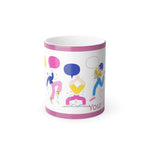 Color Morphing Mug with colorful dancing figures and speech bubbles, pink rim autumn coffee cup for fall lovers