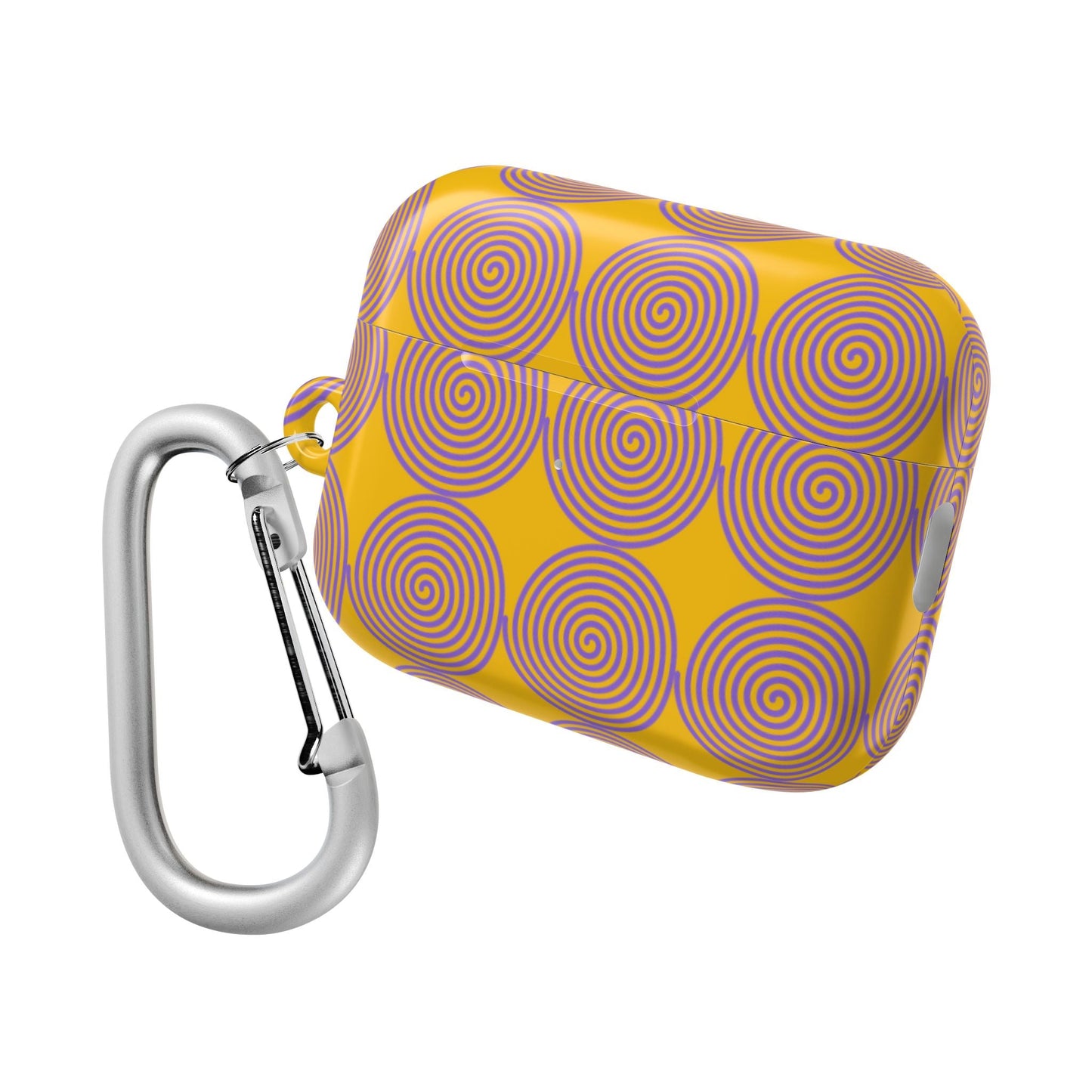 Yellow AirPod case with purple spiral design, polycarbonate material, gloss finish, slim and scratch-resistant, includes carabiner
