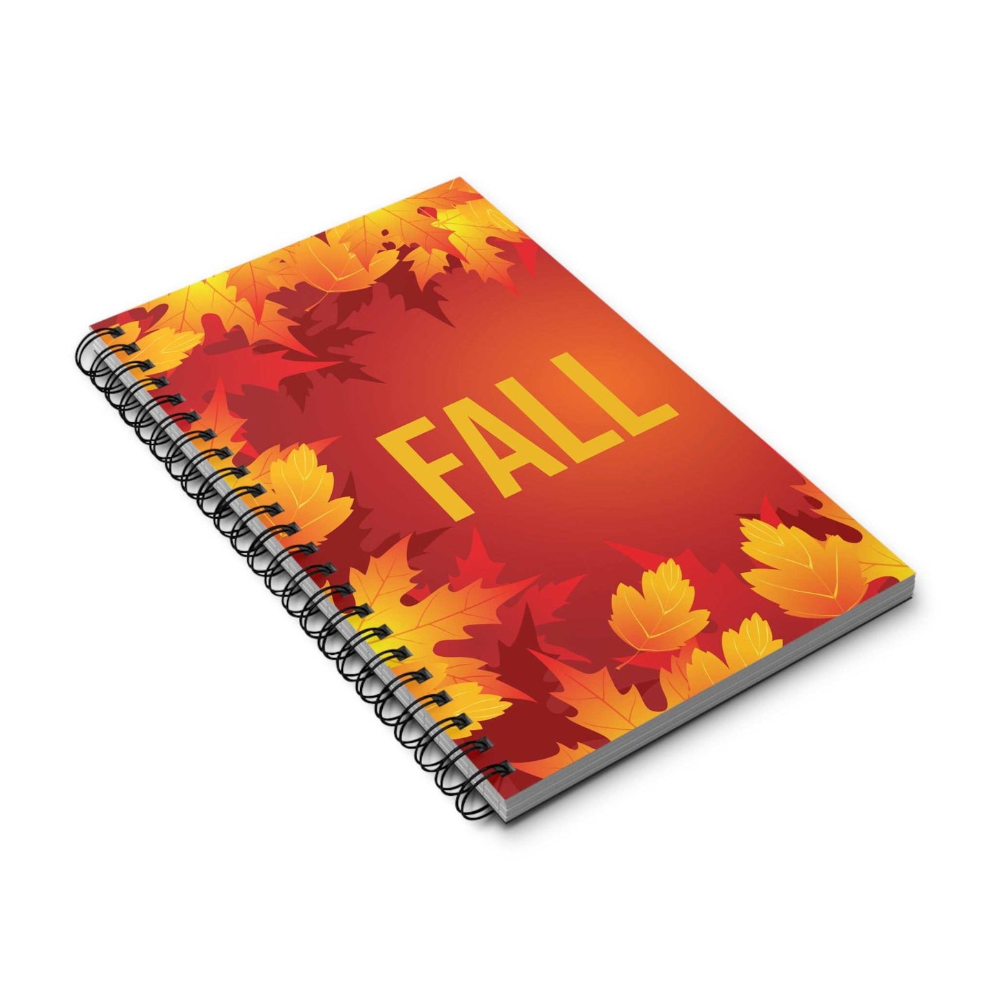 Fall Holiday Spiral Notebook with vibrant autumn leaves and durable semi-gloss laminated cover