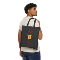 Black cotton canvas tote bag with Best Mom Ever sunflower design carried by man