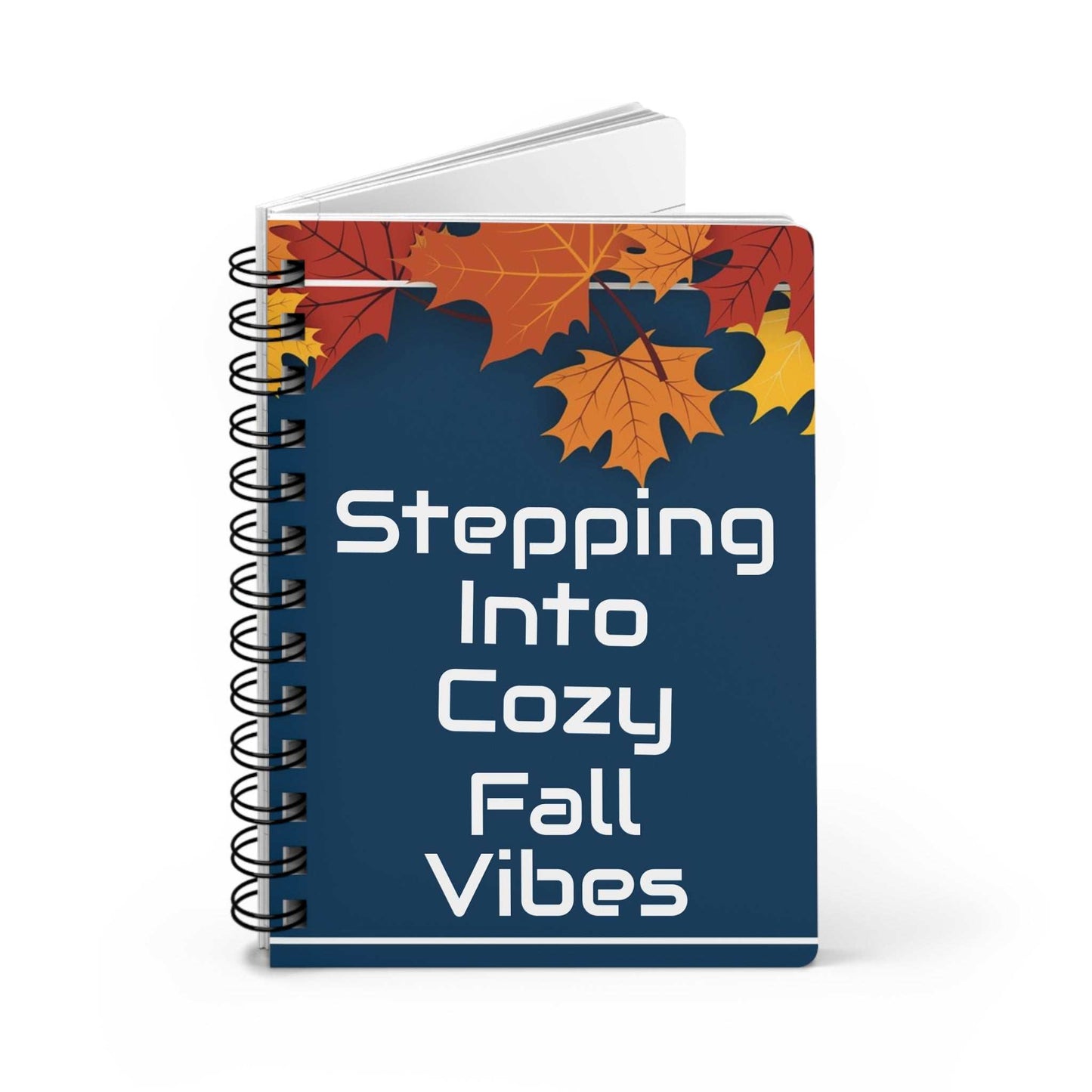 Autumn-Inspired Spiral Bound Journal with colorful fall leaves and cozy fall vibes cover design