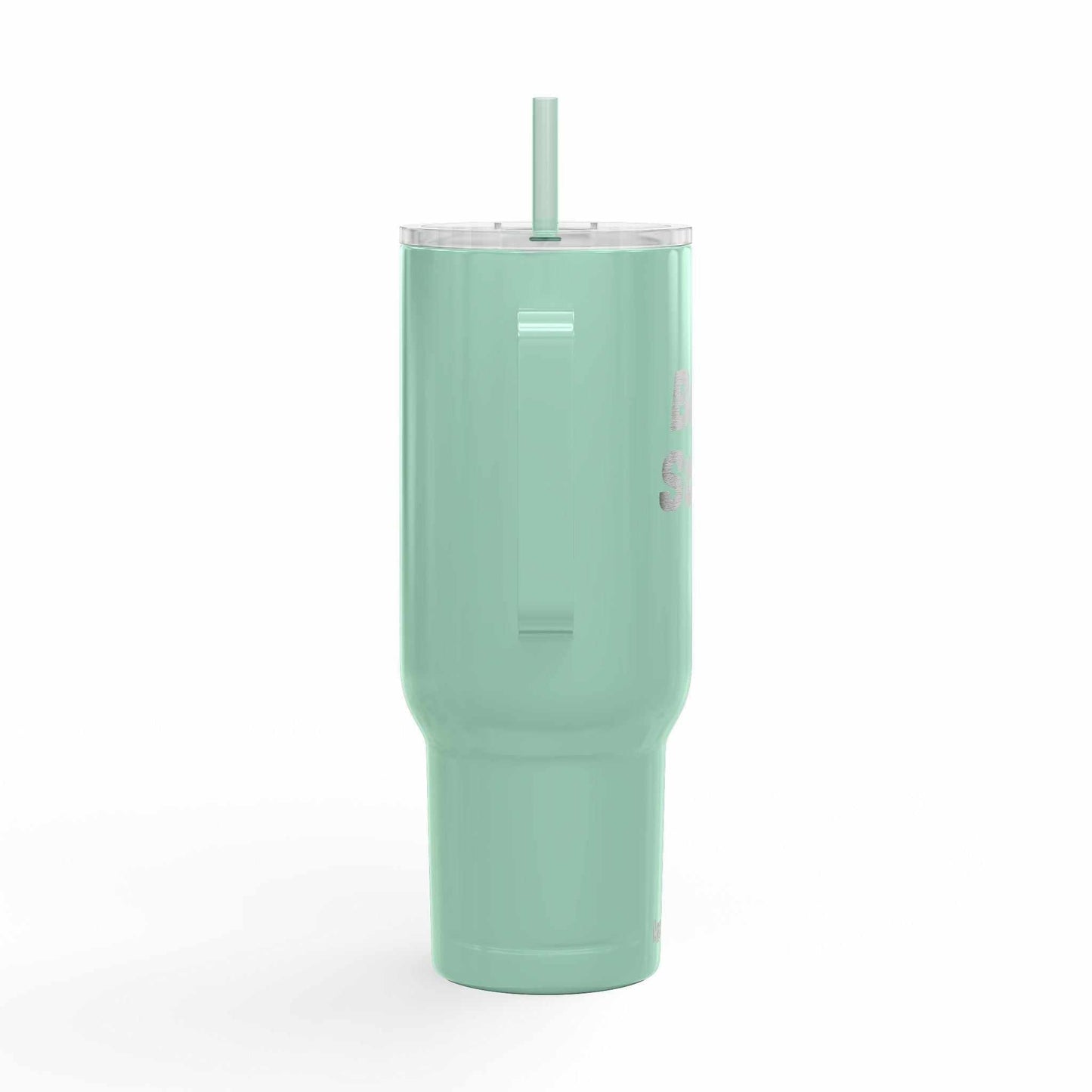 Mint green 40oz engraved insulated tumbler with press-fit slider lid and straw, eco-friendly travel mug for hot and cold drinks