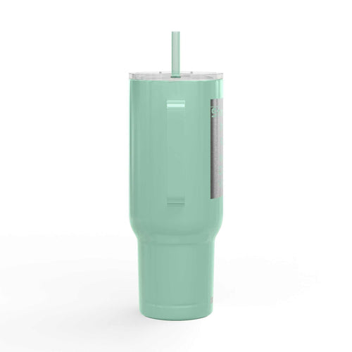 Cozy Vibes Insulated Tumbler 40oz mint green travel mug with spill-resistant lid and straw