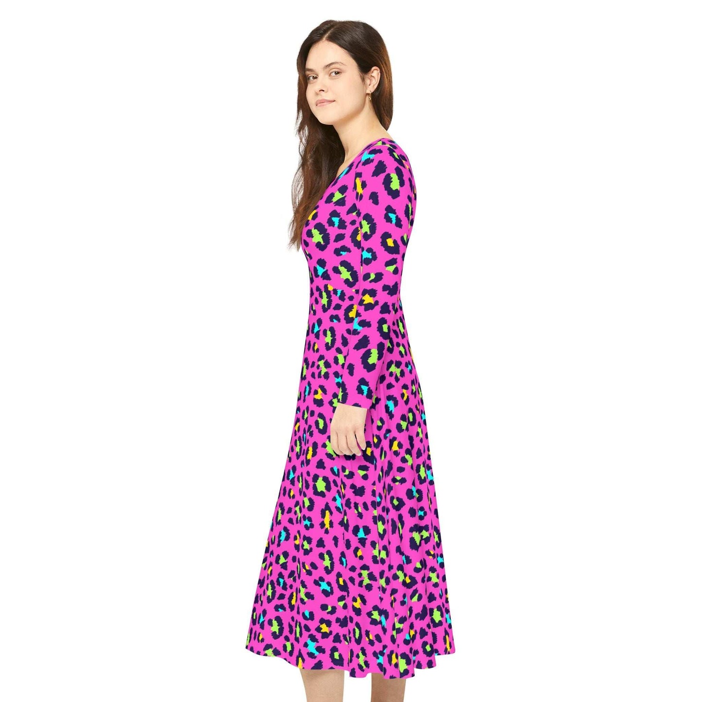 Women's long sleeve dance dress with colorful leopard print, scoop neckline, and comfortable polyester fabric